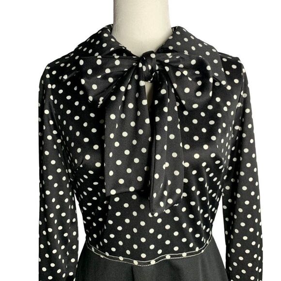 Vintage 70s Polka Dot Dress M Black Point Collar Pussy Bow Secretary Academia - Picture 2 of 7